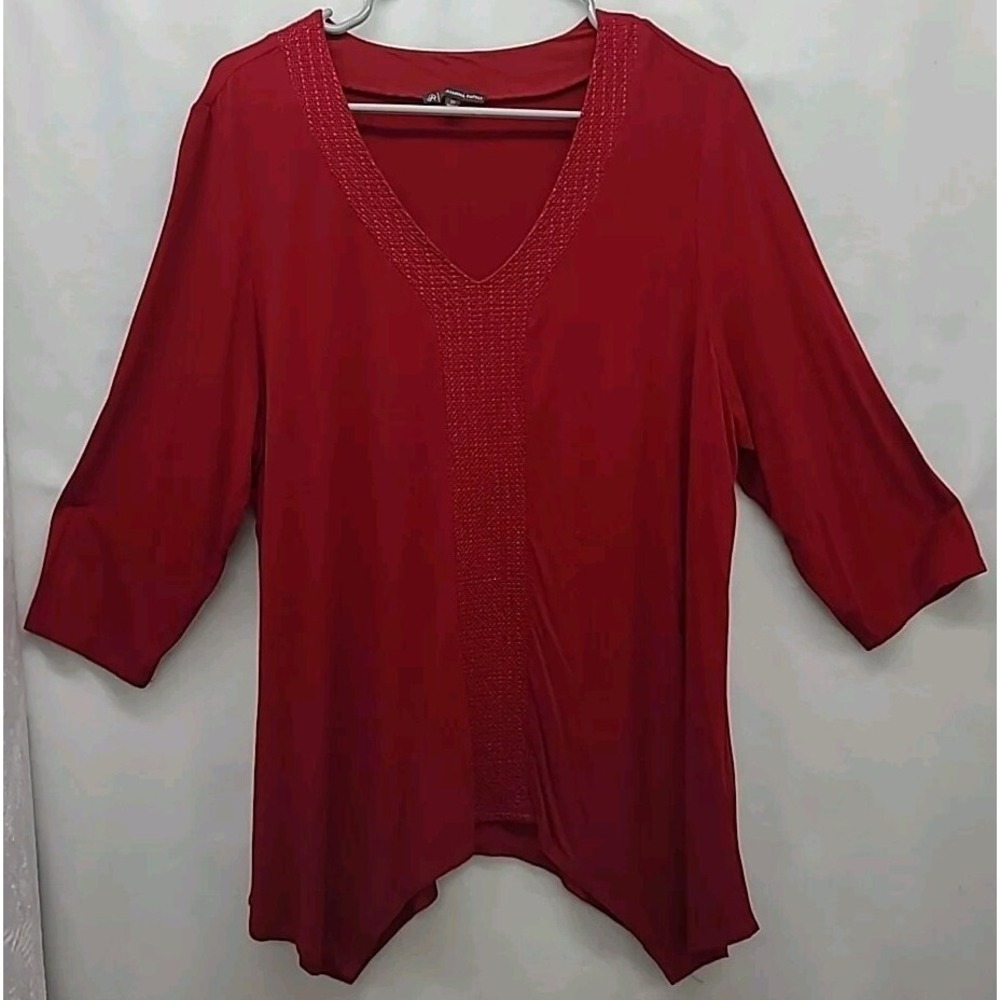 Adrianna Papell Womens Blouse Red V-Neck 3/4 Sleeve Fairy Size 2X - Picture 2 of 9